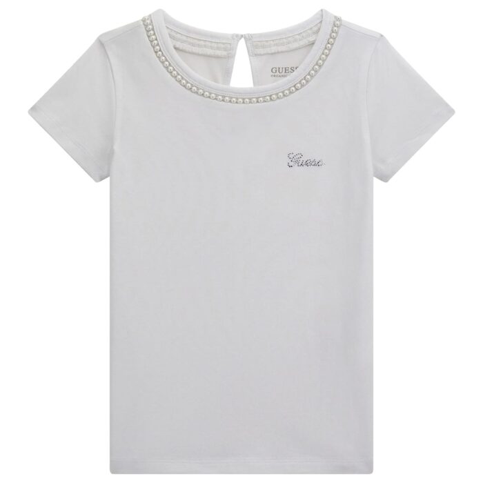 J5RI39_K6YW4 T-Shirt Logata con Perle Bianca GUESS