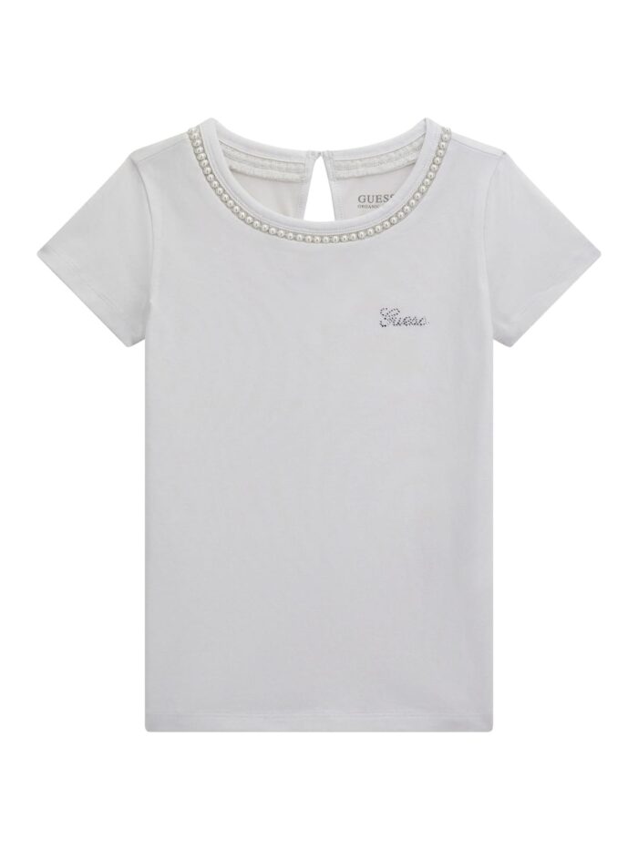 J5RI39_K6YW4 T-Shirt Logata con Perle Bianca GUESS